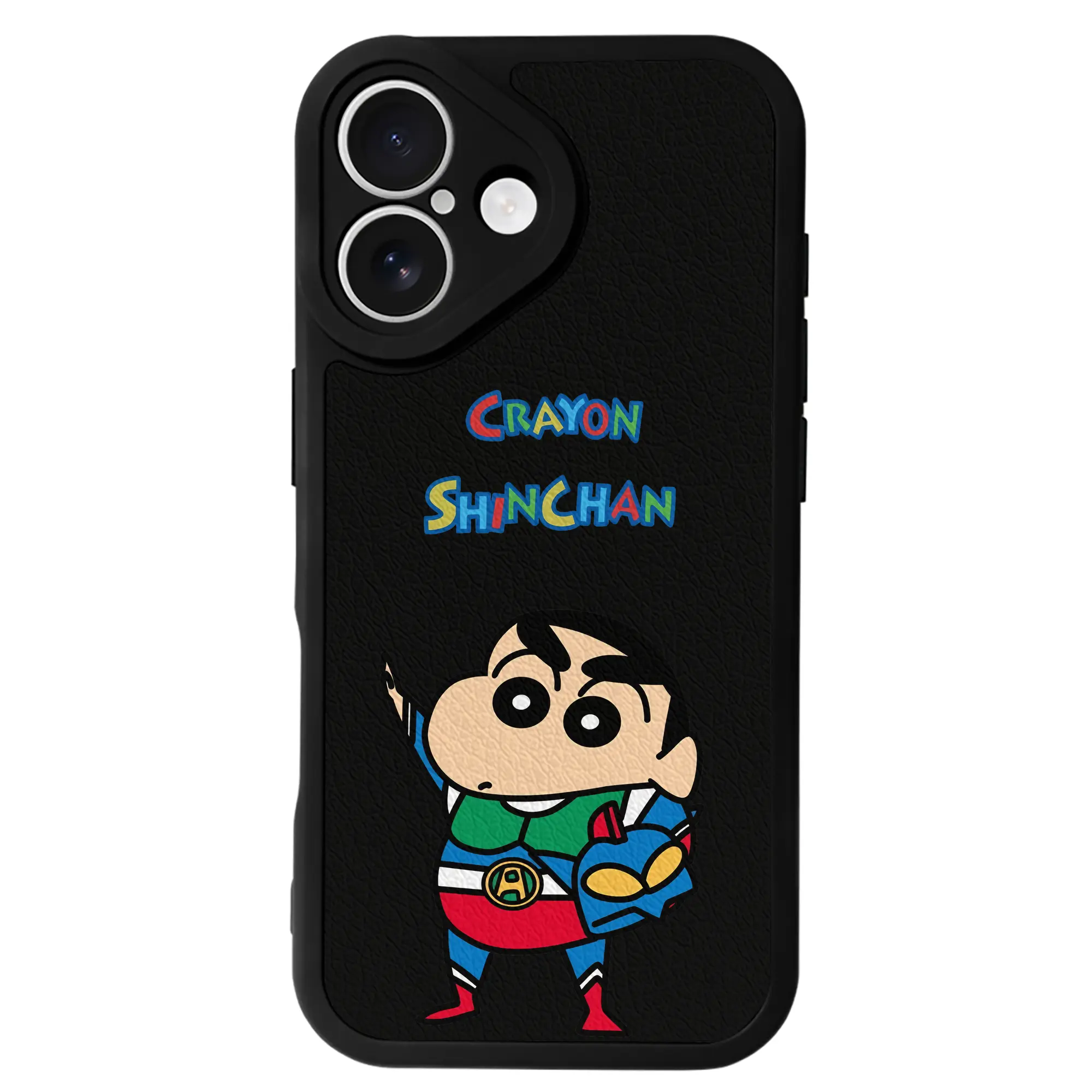 クレヨンしんちゃん グッズ アクション仮面 - IPhone 16シリーズ対応 ・ シリコンスマホケース ・ レザー調 ・ 高精度フィット ・ 耐衝撃 ・ ワイヤレス充電対応 ・ 精密カット